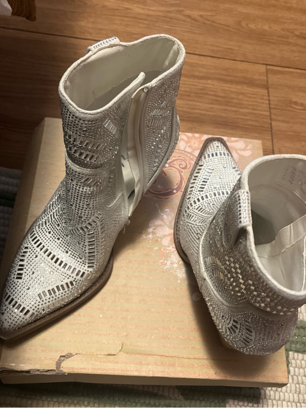 Very G White Laser-Cut Crystal Ankle Booties
